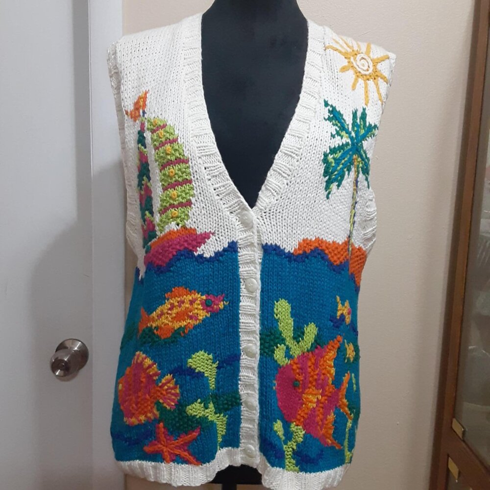 VTG Robert Scott Medium hand knit Sailboat tropical sweater vest Linen Cotton